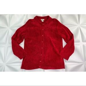 Yarnworks Womens Sz XL Red Chenille Sweater Cardigan Jacket SOFT Luxurious